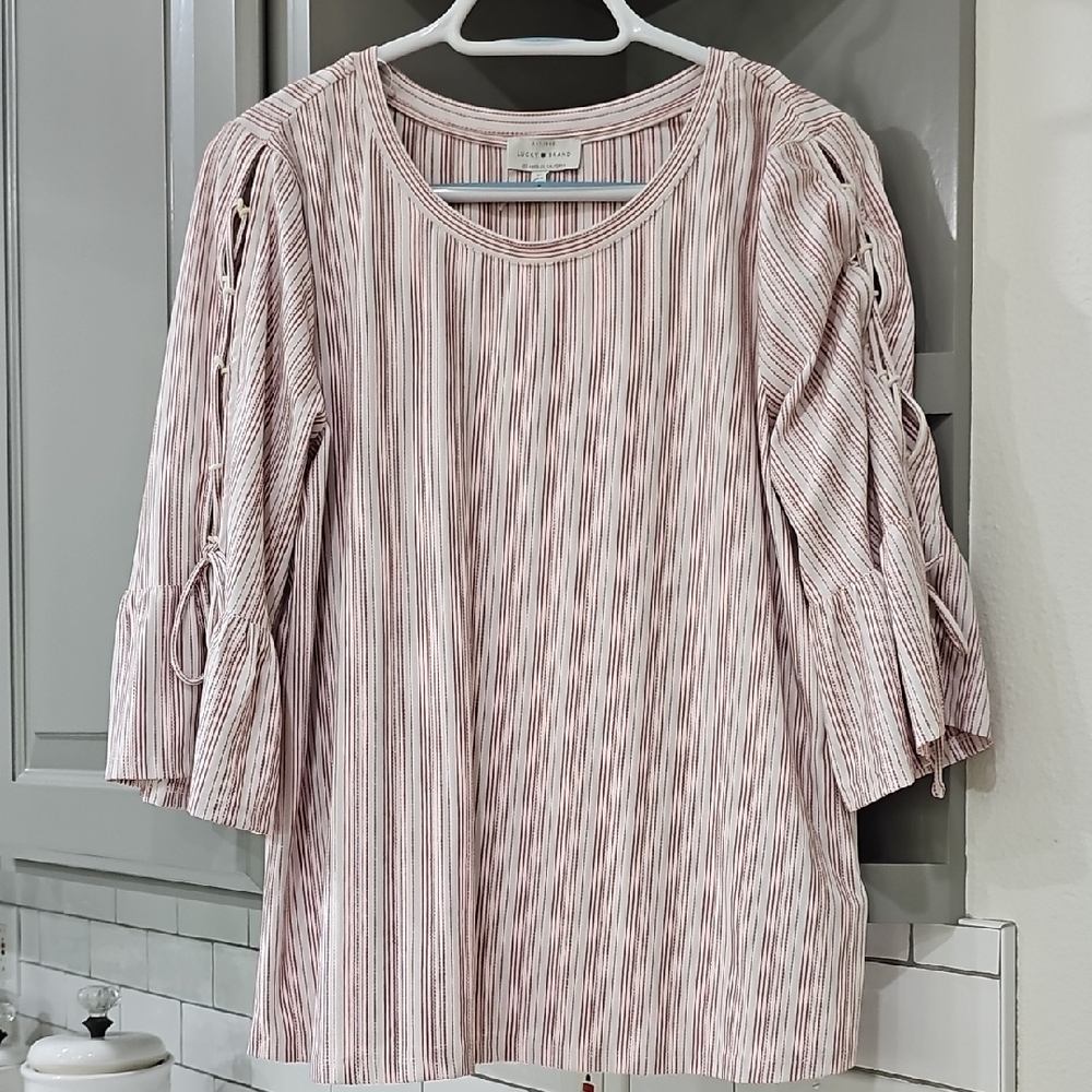 Lucky Brand Pink Striped Blouse with Lace-Up Sleeves